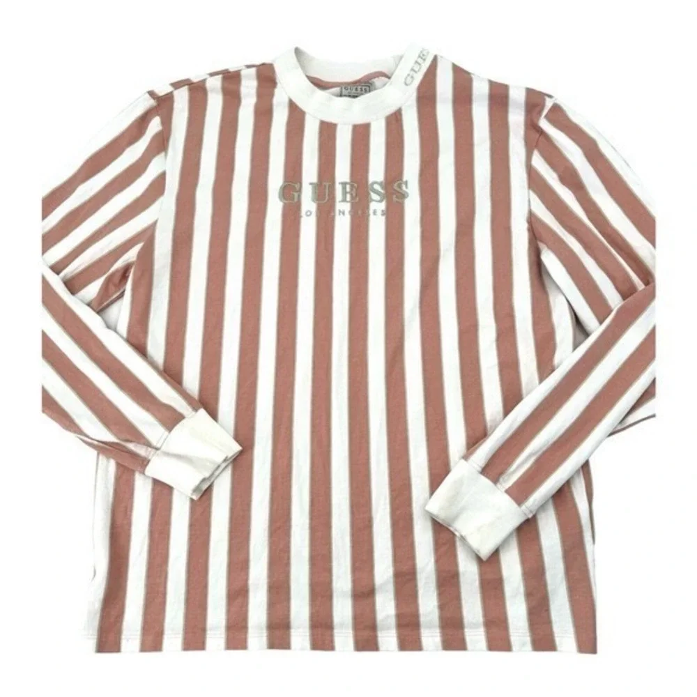 Guess‎ Pink Striped Long Sleeve Crew Neck Shirt Embroidered Guess Logo Women's M